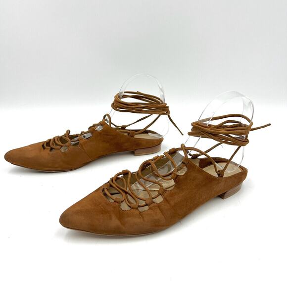 Stuart Weitzman Stringdown Suede Lace-Up Flat Amaretto Tan Pointy Toe Mule - Picture 9 of 9